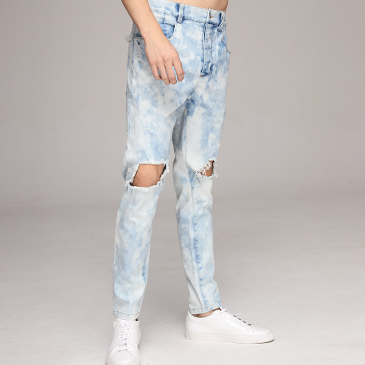 Custom Design Hole Distressed Acid Wash Blue Jeans Men